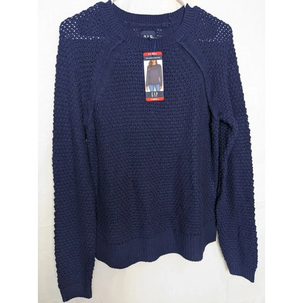 NWT Gap Textured Knit Preppy Cottage Crew Neck Navy Blue‎ Sweater Women's XS